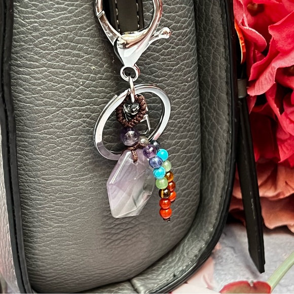 Natural Amethyst Hexagon Stone with Rainbow Chakra Keychain Charm - Picture 4 of 16